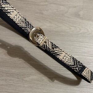 Libby Edelman Black and Cream Woven Belt with Gold Buckle